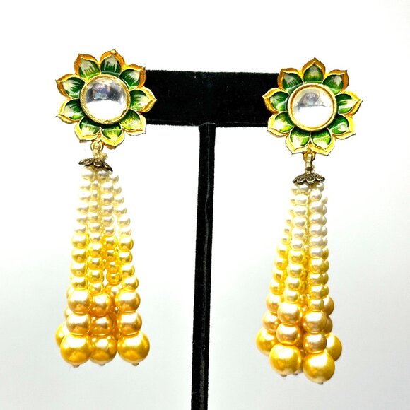 Vintage Indian Meenakari Pearl Tassel Earrings & Kundan Ring—Statement Set—EUC - Picture 14 of 14